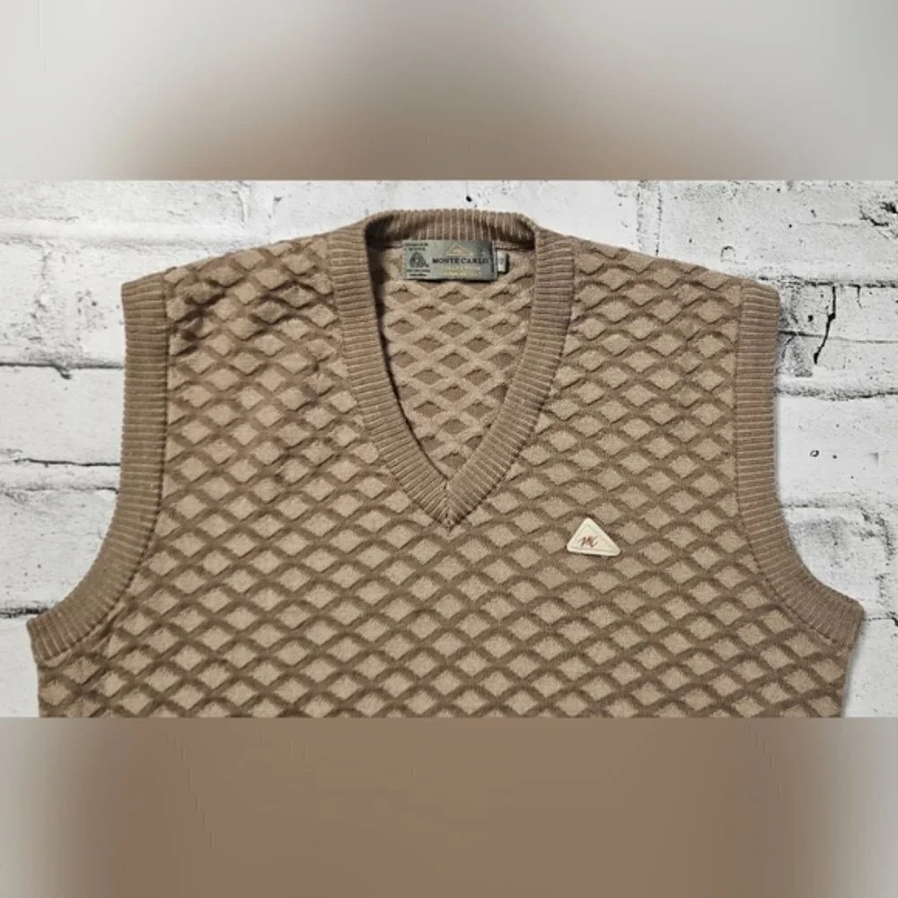 Monte Carlo Men's Wool Sweater Vest XL (40) Brown Tan Textured V-Neck